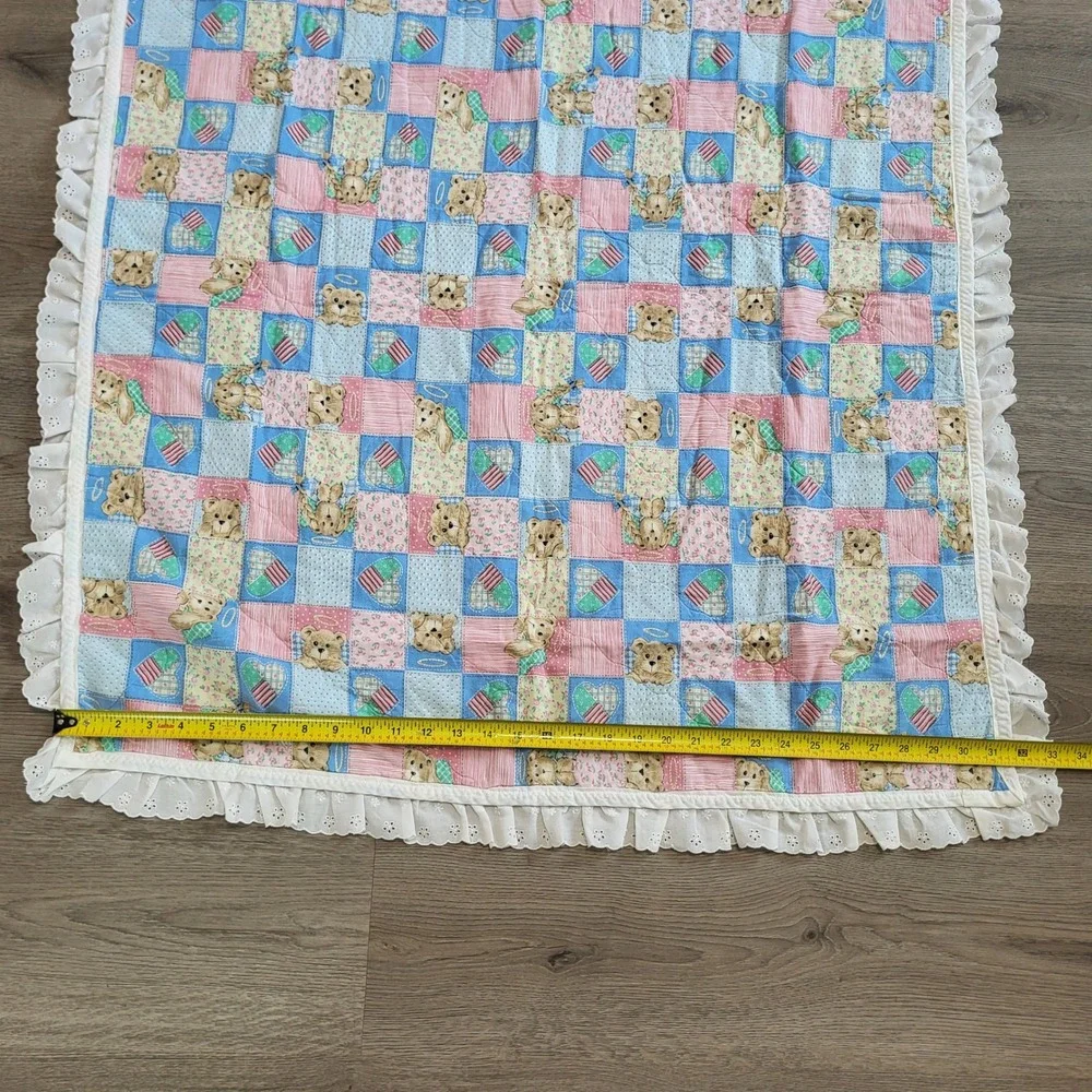 Vintage Guardian Angel Bear‎ Reversible Baby Quilt Pastel Rainbow Eyelet Ruffle